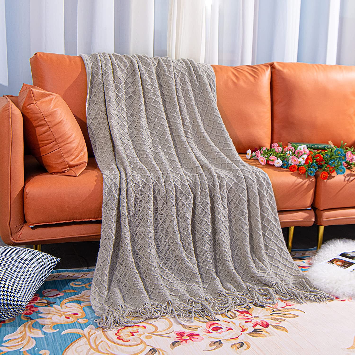 Acrylic Knitted Throw Blanket Travel, Couch, Bed, Sofa, 51X67 Inches, Taupe Checkered