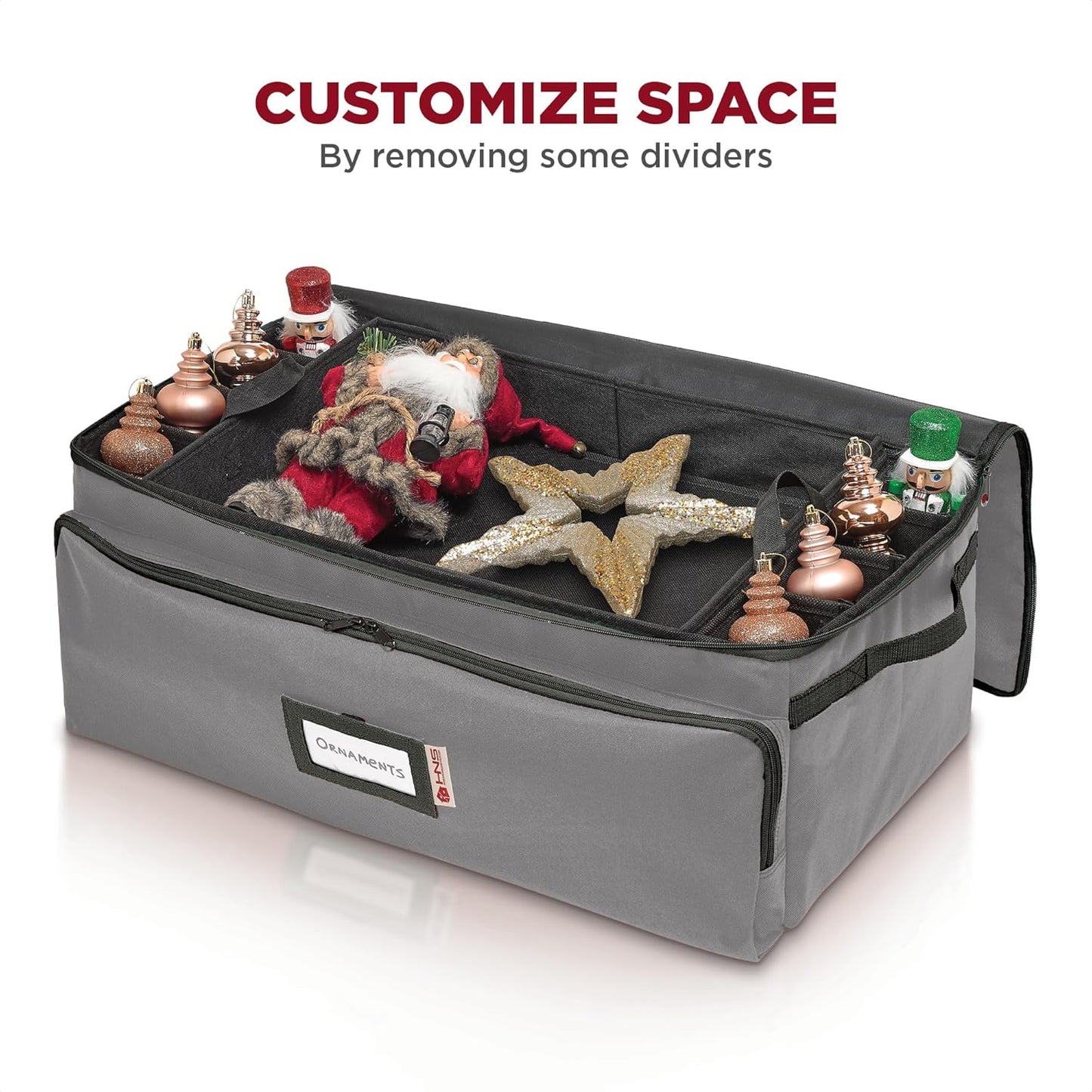 Premium Christmas Ornament Storage Box – Holds up to 72-3” Ornaments + 8 Side Slots for Figurines & Nutcrackers – Holiday Decoration Organizer – Durable 600D Grey Canvas