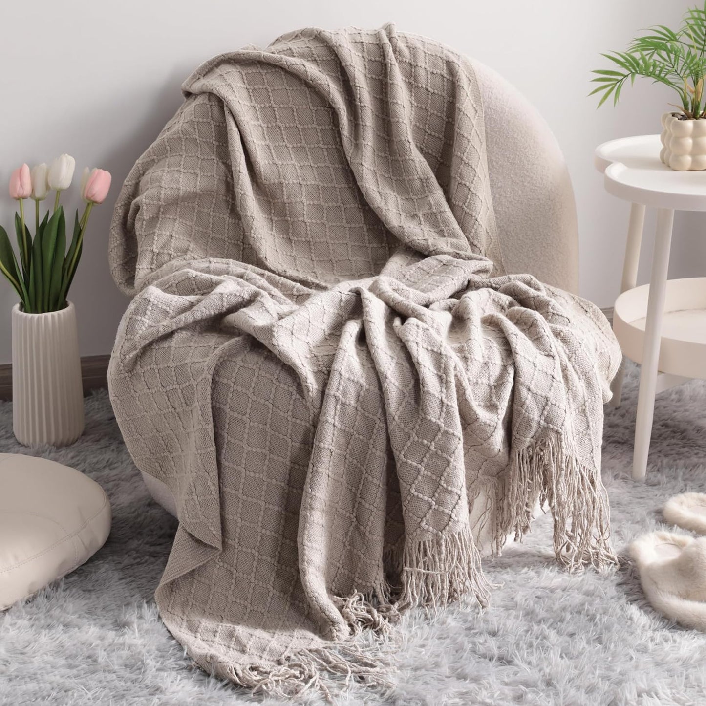 Acrylic Knitted Throw Blanket Travel, Couch, Bed, Sofa, 51X67 Inches, Taupe Checkered