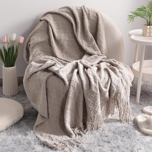 Acrylic Knitted Throw Blanket Travel, Couch, Bed, Sofa, 51X67 Inches, Taupe Checkered