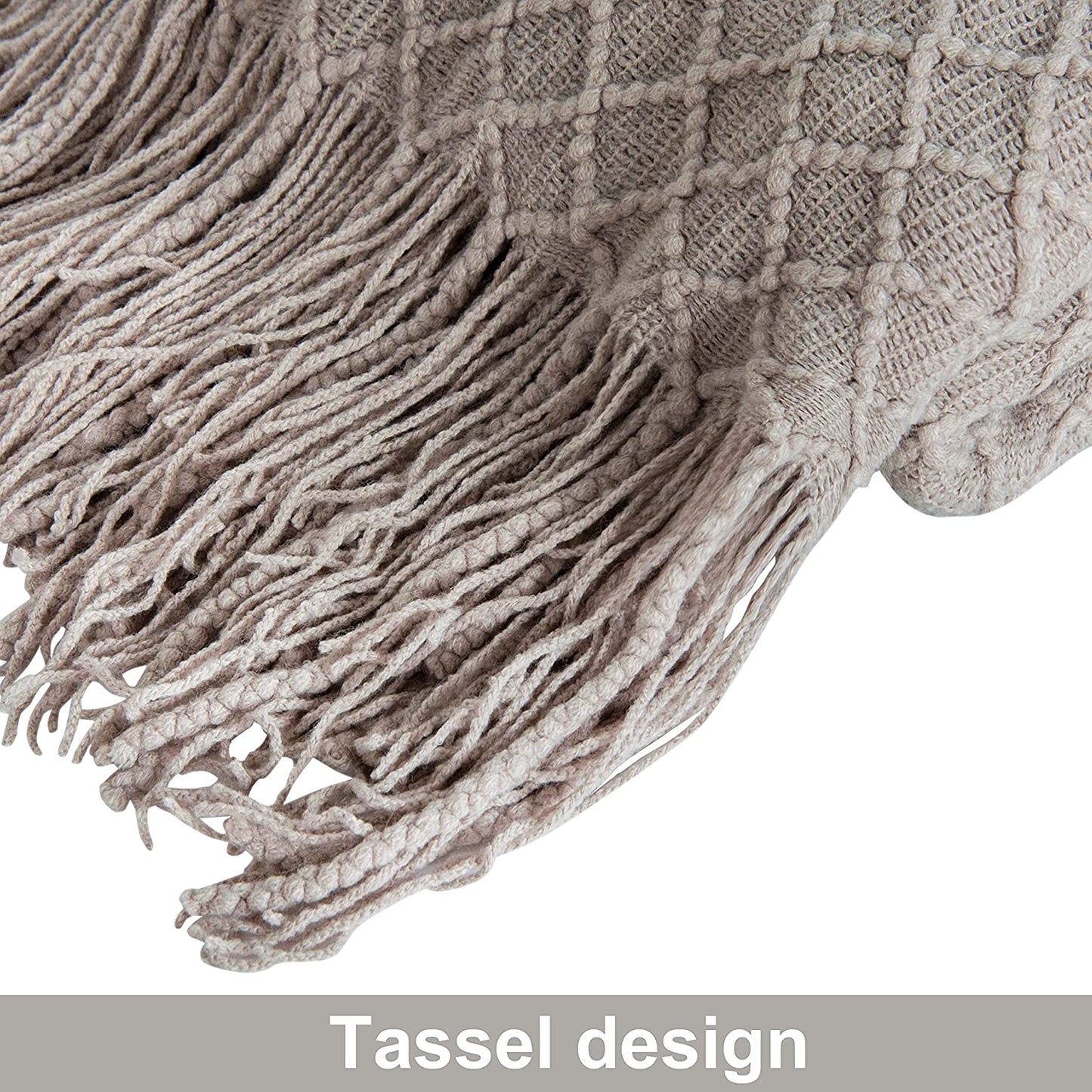 Acrylic Knitted Throw Blanket Travel, Couch, Bed, Sofa, 51X67 Inches, Taupe Checkered