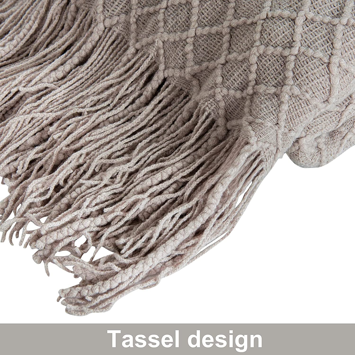 Acrylic Knitted Throw Blanket Travel, Couch, Bed, Sofa, 51X67 Inches, Taupe Checkered