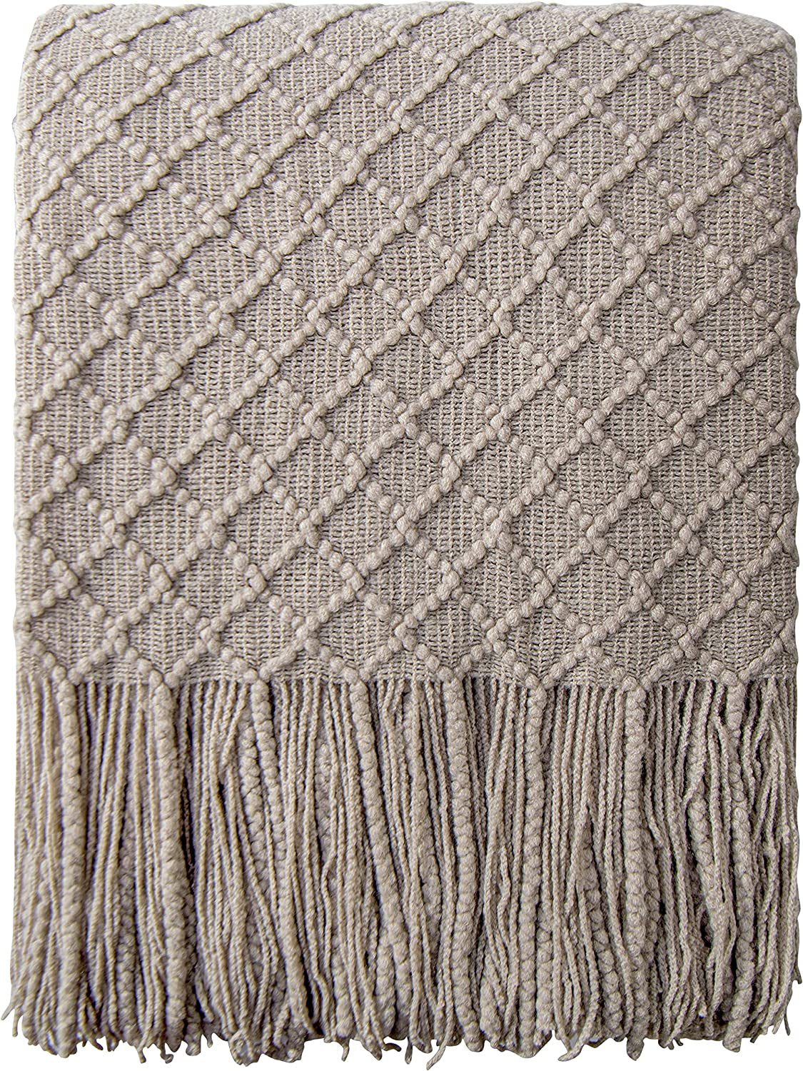 Acrylic Knitted Throw Blanket Travel, Couch, Bed, Sofa, 51X67 Inches, Taupe Checkered