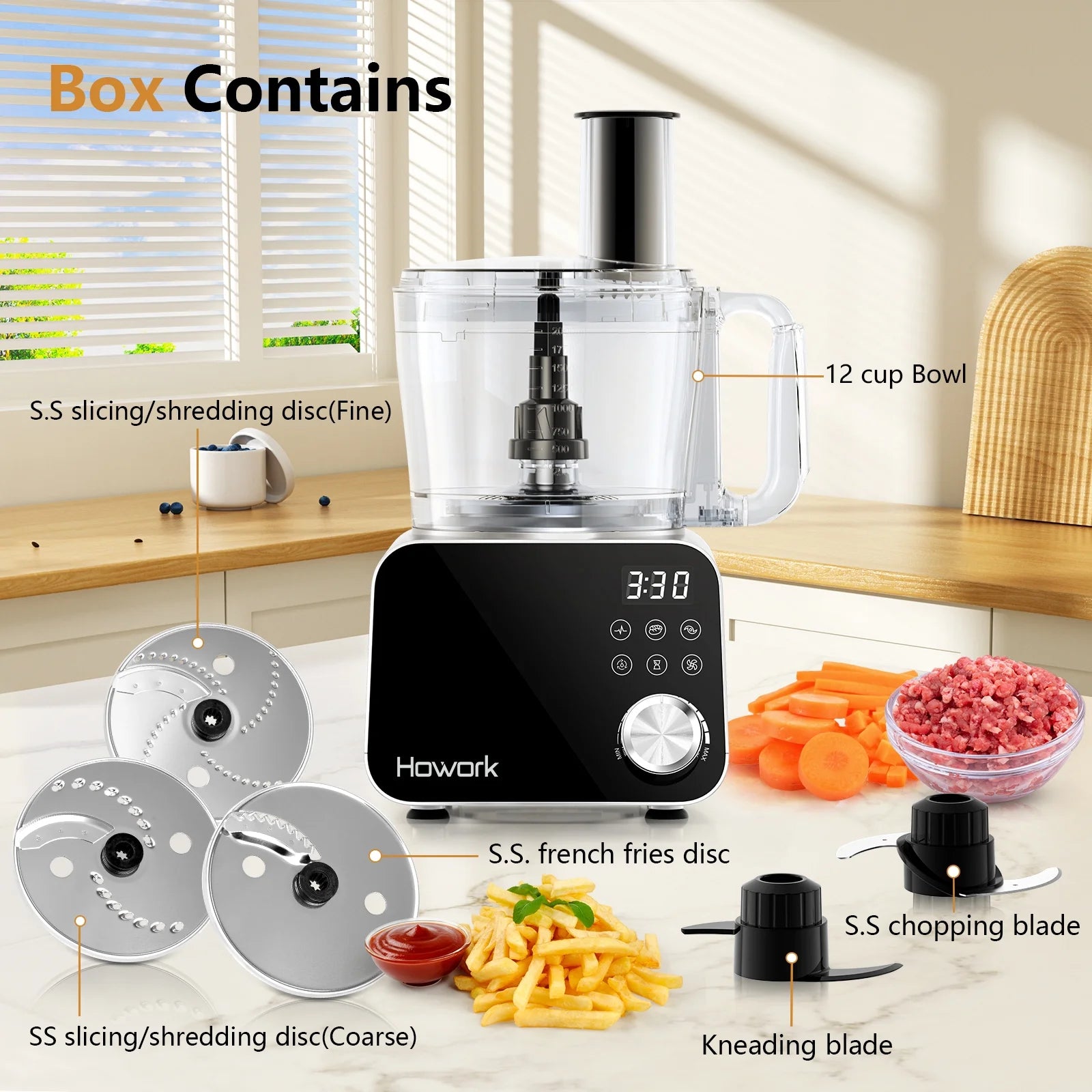 Food Processor, 12 Cup 600W Multifunctional Food Vegetable Chopper, for Shredding, Slicing, Doughing, Emulsifying and Juicing, Silver