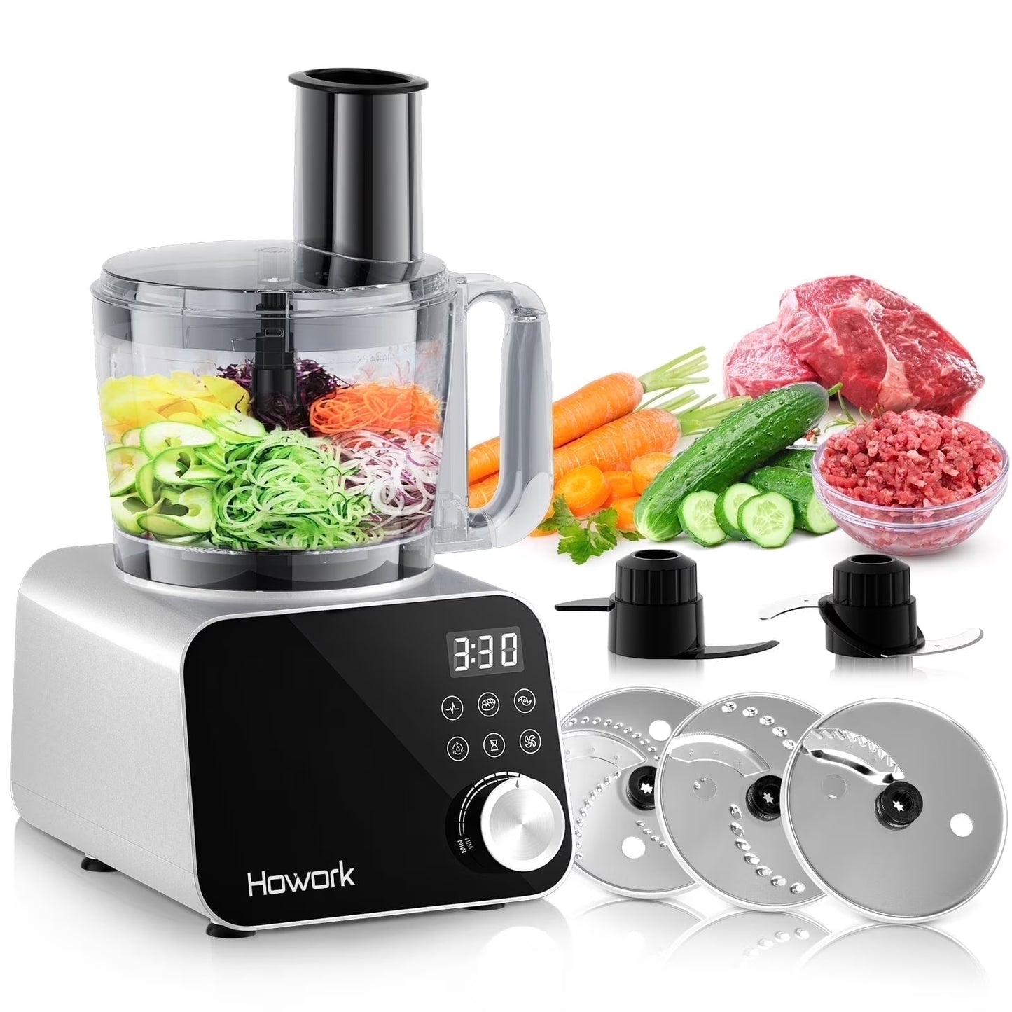 Food Processor, 12 Cup 600W Multifunctional Food Vegetable Chopper, for Shredding, Slicing, Doughing, Emulsifying and Juicing, Silver