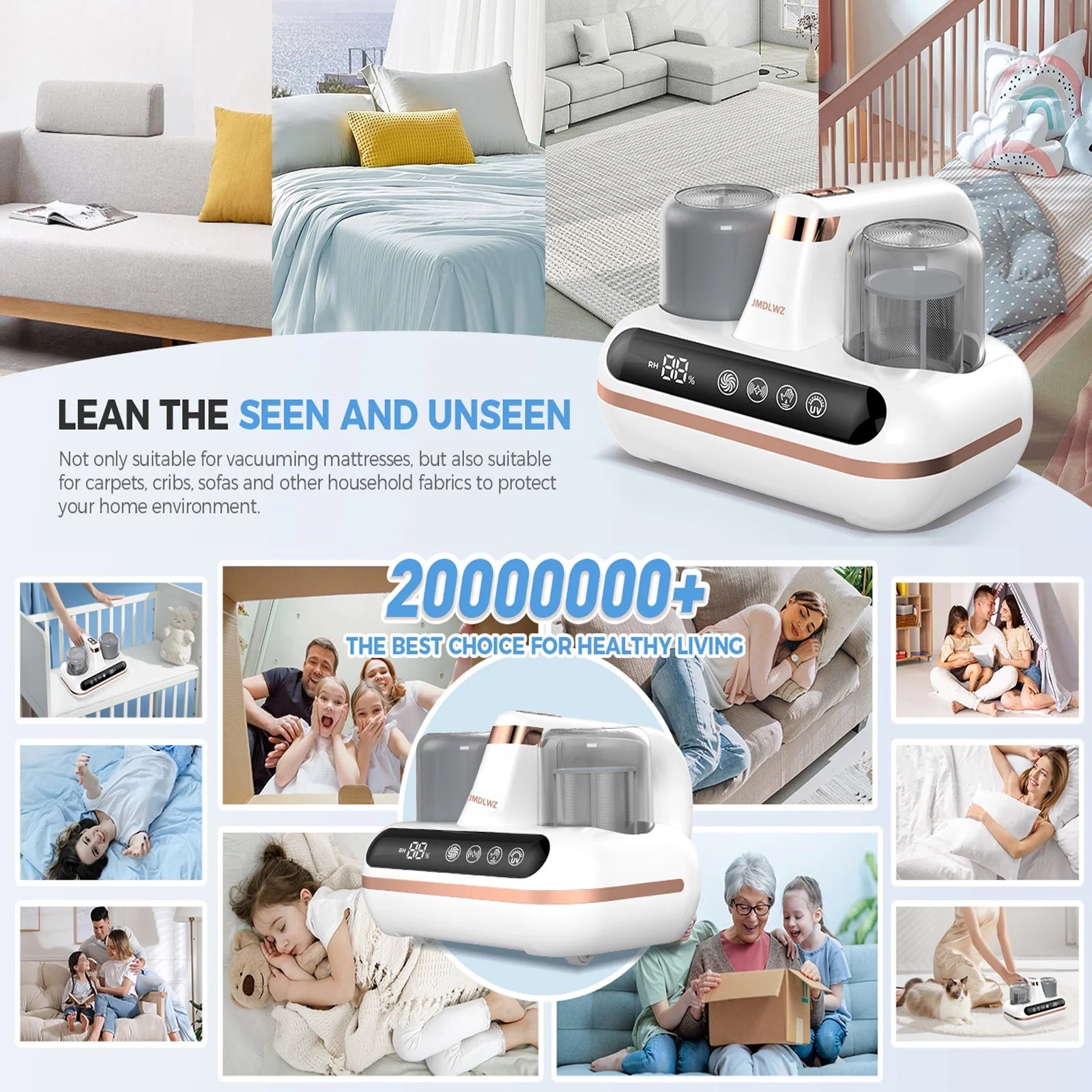 Mattress Vacuum Cleaner - 5-In-1 Cordless Bed Vacuum Cleaner, Powered by UV-C Light & Ultrasonic Technology, 16Kpa Strong Suction,Low Noise,Suitable for Dust, Pet Hair, Etc.