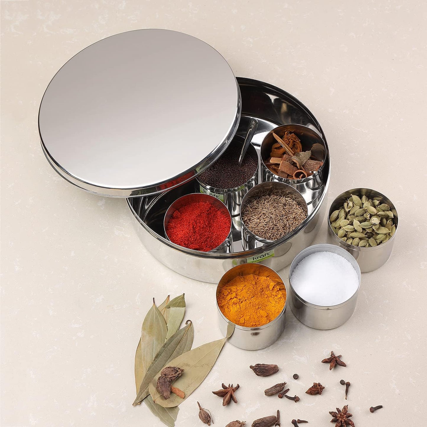 Stainless Steel Masala Dabba, Spice Box, 7 Compartments with Lid, 8 Inch Diameter