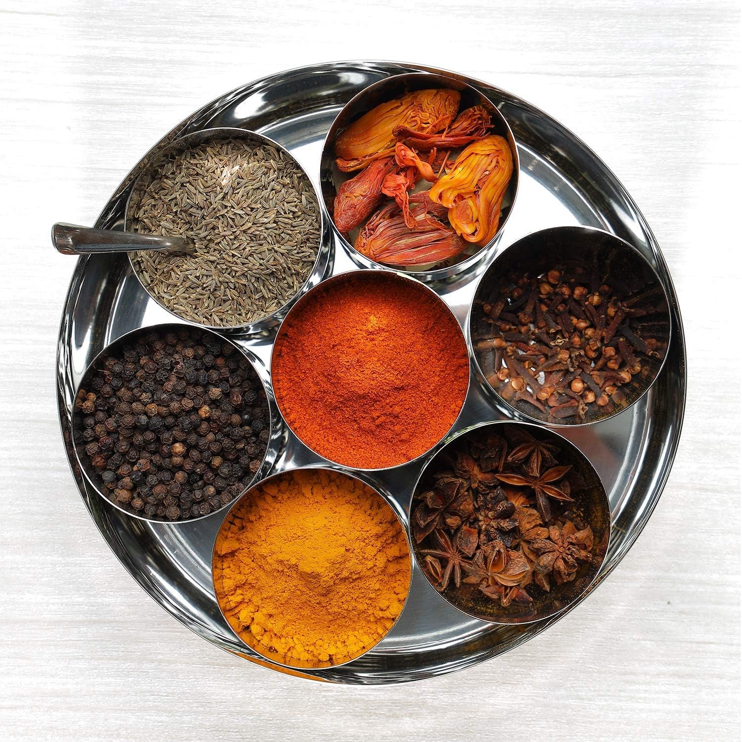 Stainless Steel Masala Dabba, Spice Box, 7 Compartments with Lid, 8 Inch Diameter