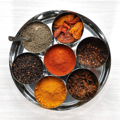 Stainless Steel Masala Dabba, Spice Box, 7 Compartments with Lid, 8 Inch Diameter