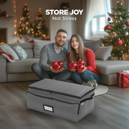 Premium Christmas Ornament Storage Box – Holds up to 72-3” Ornaments + 8 Side Slots for Figurines & Nutcrackers – Holiday Decoration Organizer – Durable 600D Grey Canvas