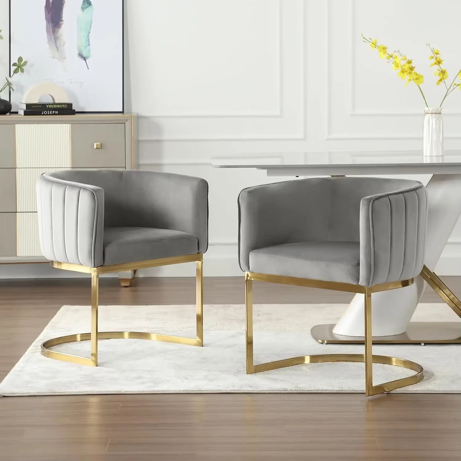 Dining Chairs Set of 4, Velvet with Metal Frame Comfy Upholstered Side Barrel Chairs, Kitchen Chairs Set