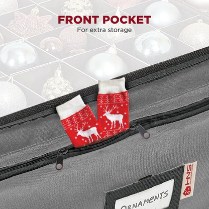 Premium Christmas Ornament Storage Box – Holds up to 72-3” Ornaments + 8 Side Slots for Figurines & Nutcrackers – Holiday Decoration Organizer – Durable 600D Grey Canvas