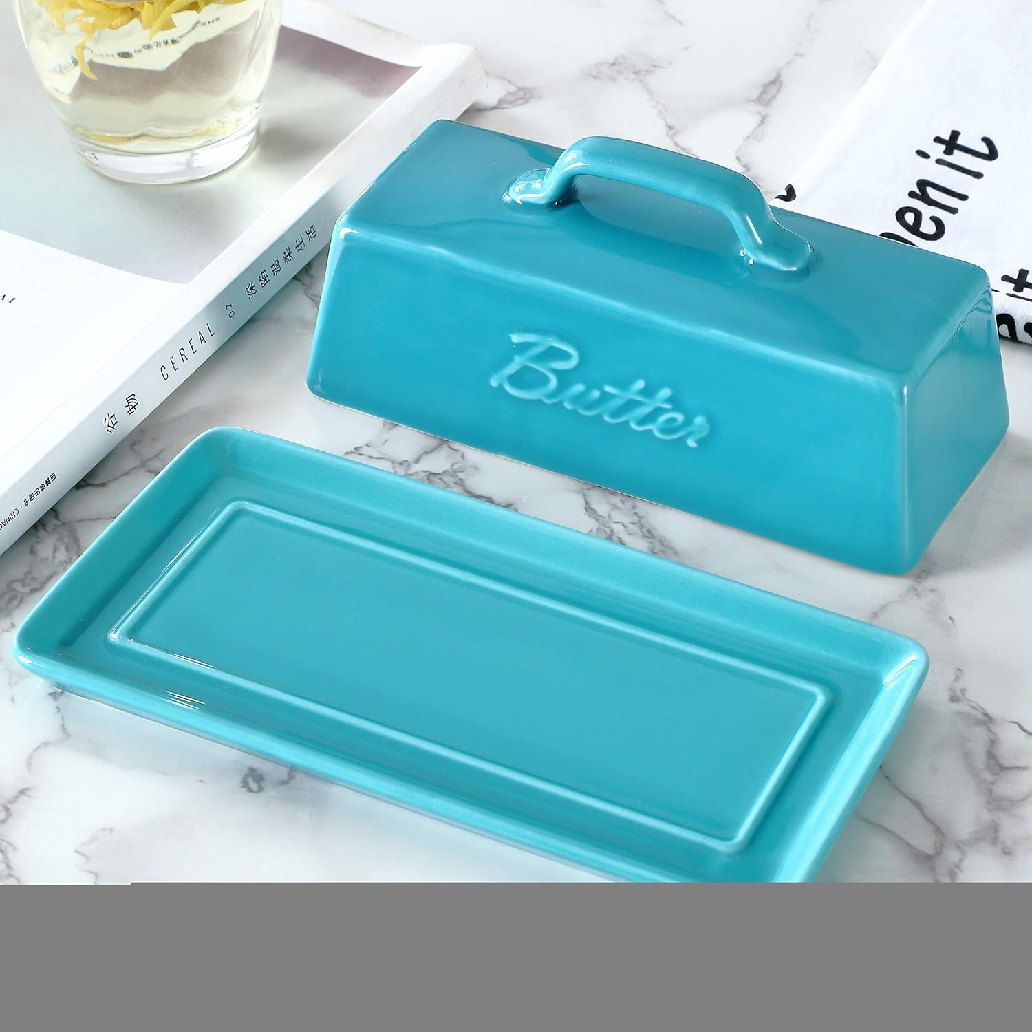 Bruntmor Porcelain Butter Keeper with Handle Cover, French Butter Dish Ceramic B