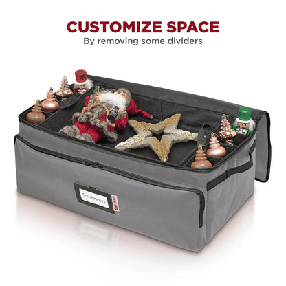 Premium Christmas Ornament Storage Box – Holds up to 72-3” Ornaments + 8 Side Slots for Figurines & Nutcrackers – Holiday Decoration Organizer – Durable 600D Grey Canvas