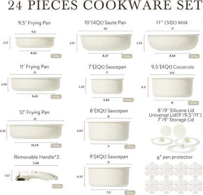 24Pcs Detachable Handle Pots and Pan Set, Nonstick Induction Cookware, Removable Handle, RV Oven Safe Cookware, Kitchen Cookware