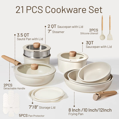 21 Pcs Nonstick Cookware Set, Pots and Pans Set with Detachable Handles, Oven/Dishwasher Safe, Stackable Kitchen Cooking Set, White Granite.