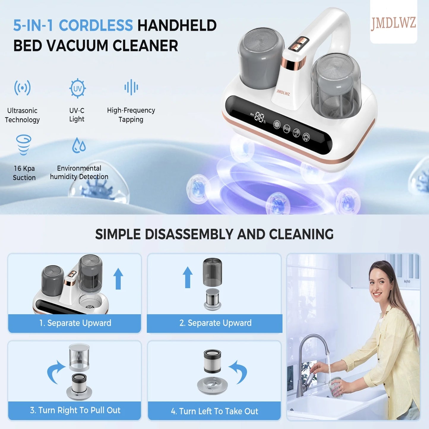 Mattress Vacuum Cleaner - 5-In-1 Cordless Bed Vacuum Cleaner, Powered by UV-C Light & Ultrasonic Technology, 16Kpa Strong Suction,Low Noise,Suitable for Dust, Pet Hair, Etc.