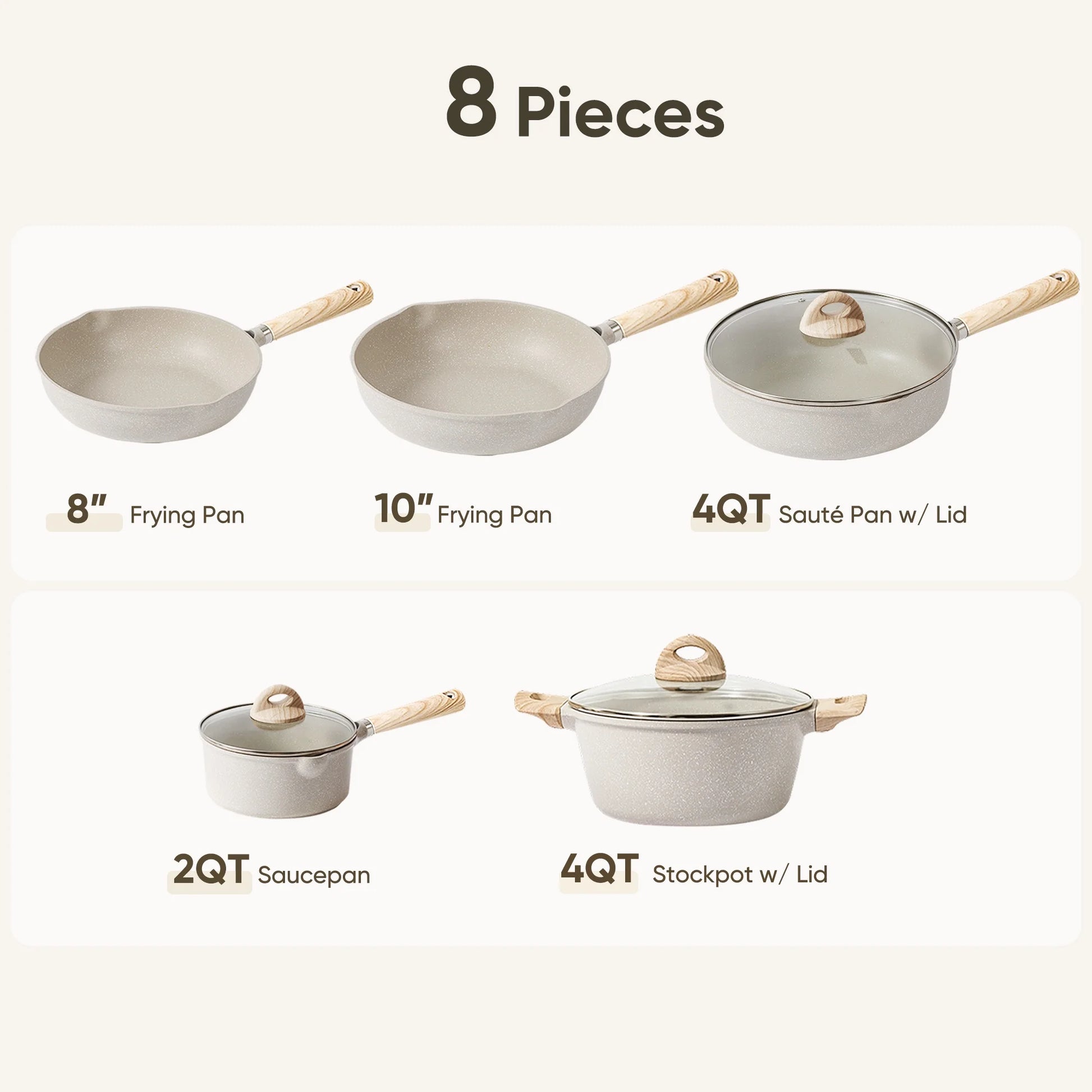 Nonstick Cookware Set 8-Piece,Kitchen Pots and Pans Set,Stay-Cool Handles,Induction Compatible,Cookware Set for RV and Camping,Beige