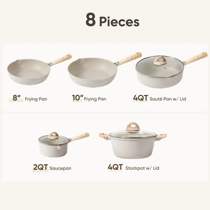 Nonstick Cookware Set 8-Piece,Kitchen Pots and Pans Set,Stay-Cool Handles,Induction Compatible,Cookware Set for RV and Camping,Beige