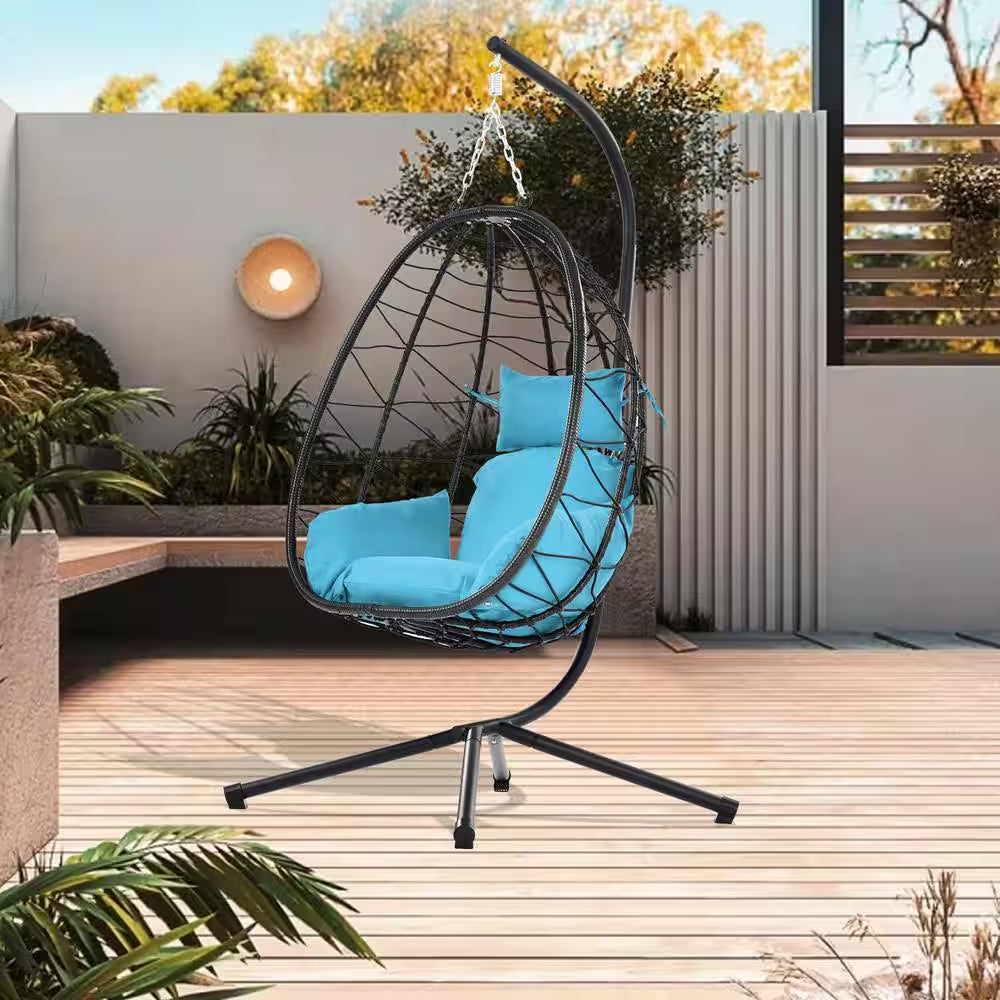 Indoor and Outdoor Metal Patio Swing Chairs with Brackets, Egg Chairs, Hanging Basket Chairs, with Blue Cushion