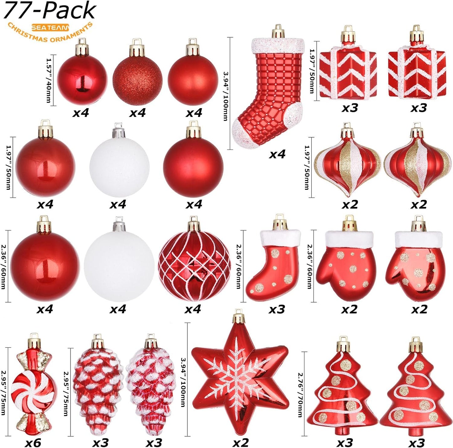 77-Pack Assorted Shatterproof Christmas Balls Christmas Ornaments Set Decorative Baubles Pendants with Reusable Hand-Held Gift Package for Xmas Tree (Red)