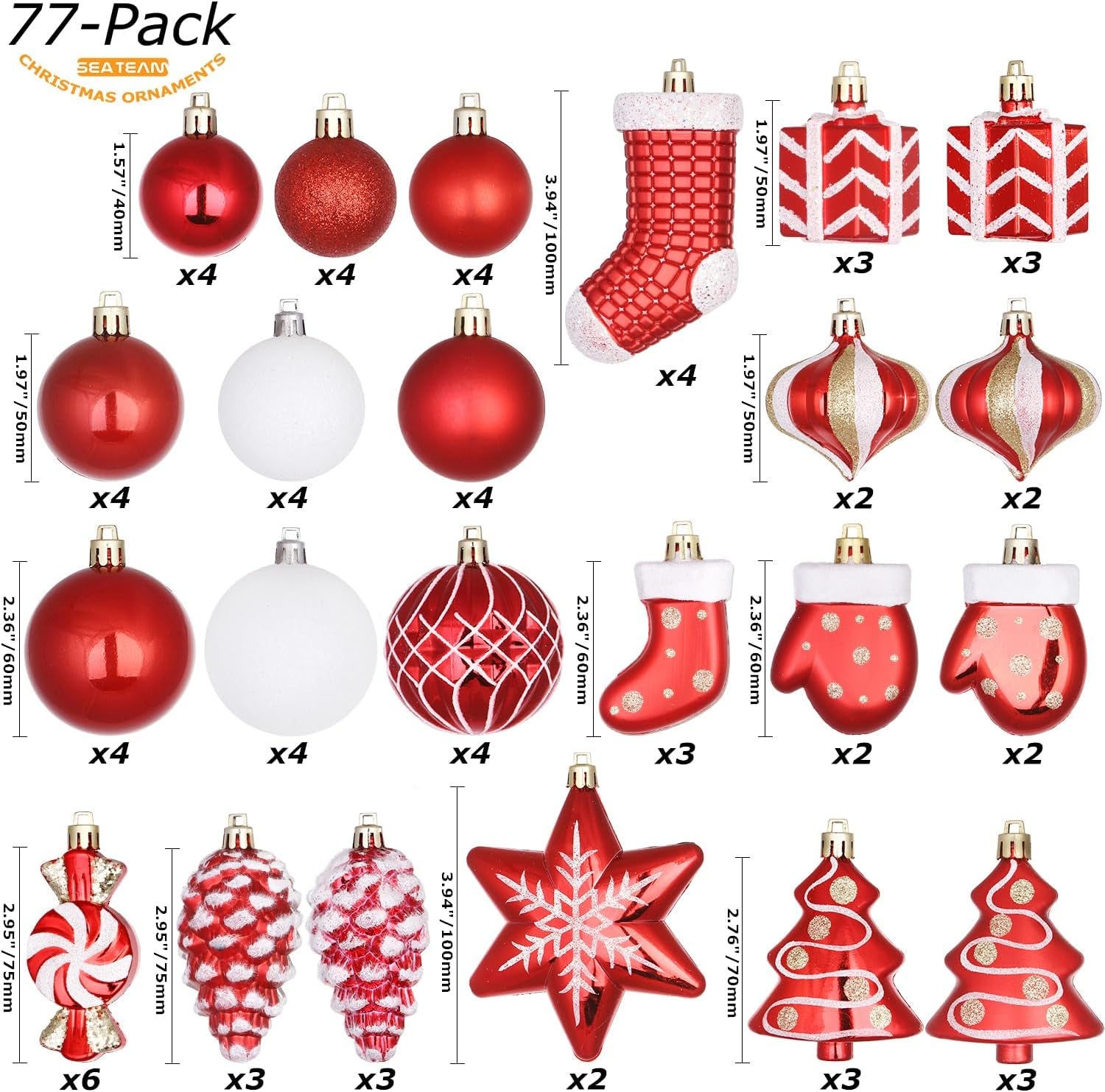 77-Pack Assorted Shatterproof Christmas Balls Christmas Ornaments Set Decorative Baubles Pendants with Reusable Hand-Held Gift Package for Xmas Tree (Red)