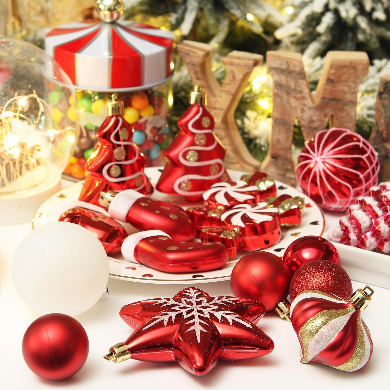 77-Pack Assorted Shatterproof Christmas Balls Christmas Ornaments Set Decorative Baubles Pendants with Reusable Hand-Held Gift Package for Xmas Tree (Red)