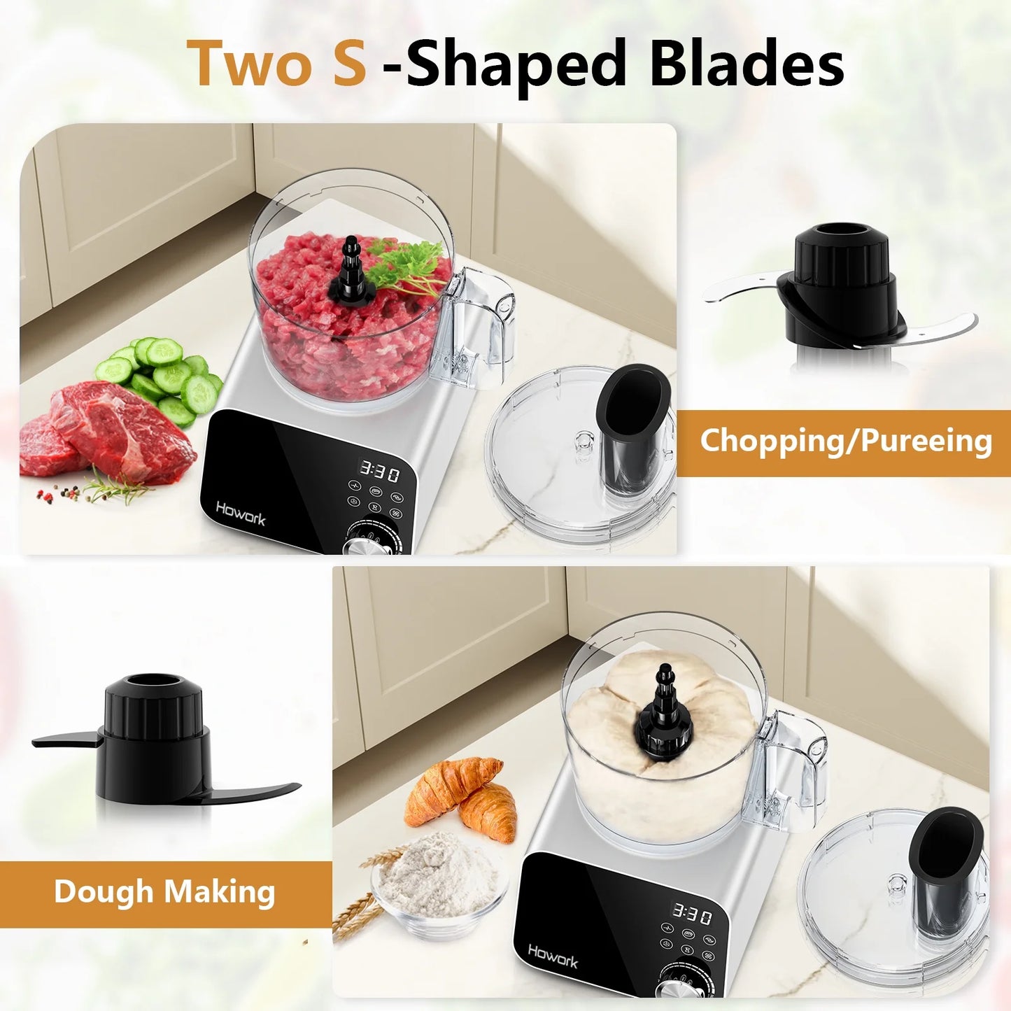 Food Processor, 12 Cup 600W Multifunctional Food Vegetable Chopper, for Shredding, Slicing, Doughing, Emulsifying and Juicing, Silver