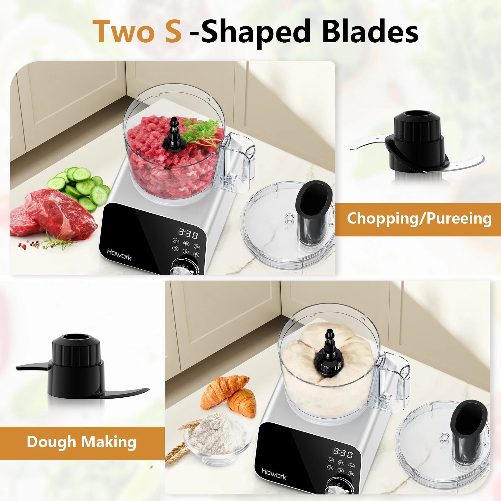 Food Processor, 12 Cup 600W Multifunctional Food Vegetable Chopper, for Shredding, Slicing, Doughing, Emulsifying and Juicing, Silver