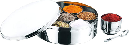 Stainless Steel Masala Dabba, Spice Box, 7 Compartments with Lid, 8 Inch Diameter