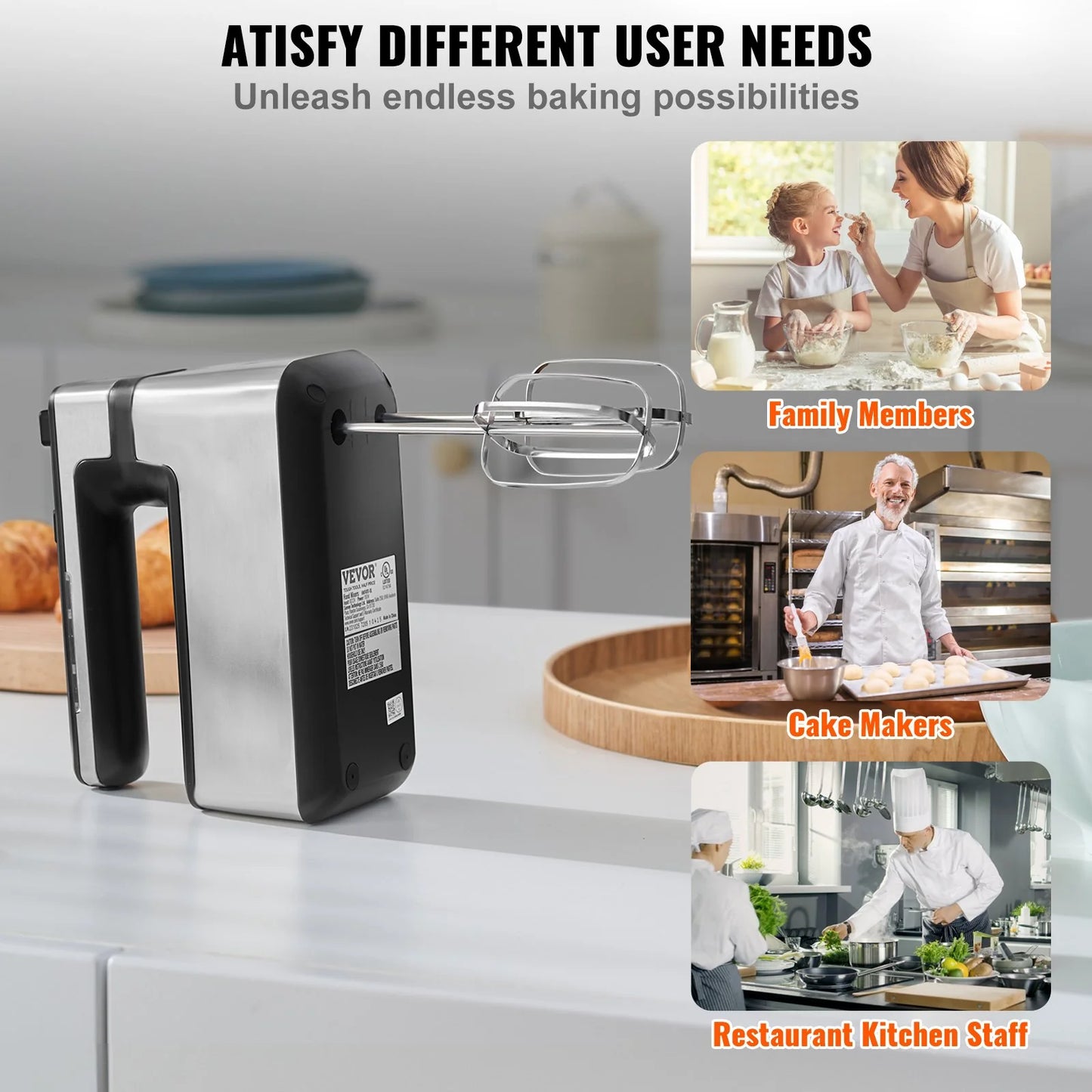 VEVOR Cordless Electric Hand Mixer, 250W, Continuously Variable Electric Handheld Mixer, with Turbo Boost Beaters Dough Hooks Storage Bag, Baking Supplies for Whipping Mixing Egg Cookie Cake Cream