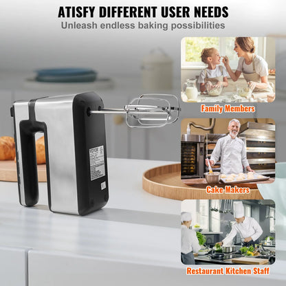 VEVOR Cordless Electric Hand Mixer, 250W, Continuously Variable Electric Handheld Mixer, with Turbo Boost Beaters Dough Hooks Storage Bag, Baking Supplies for Whipping Mixing Egg Cookie Cake Cream