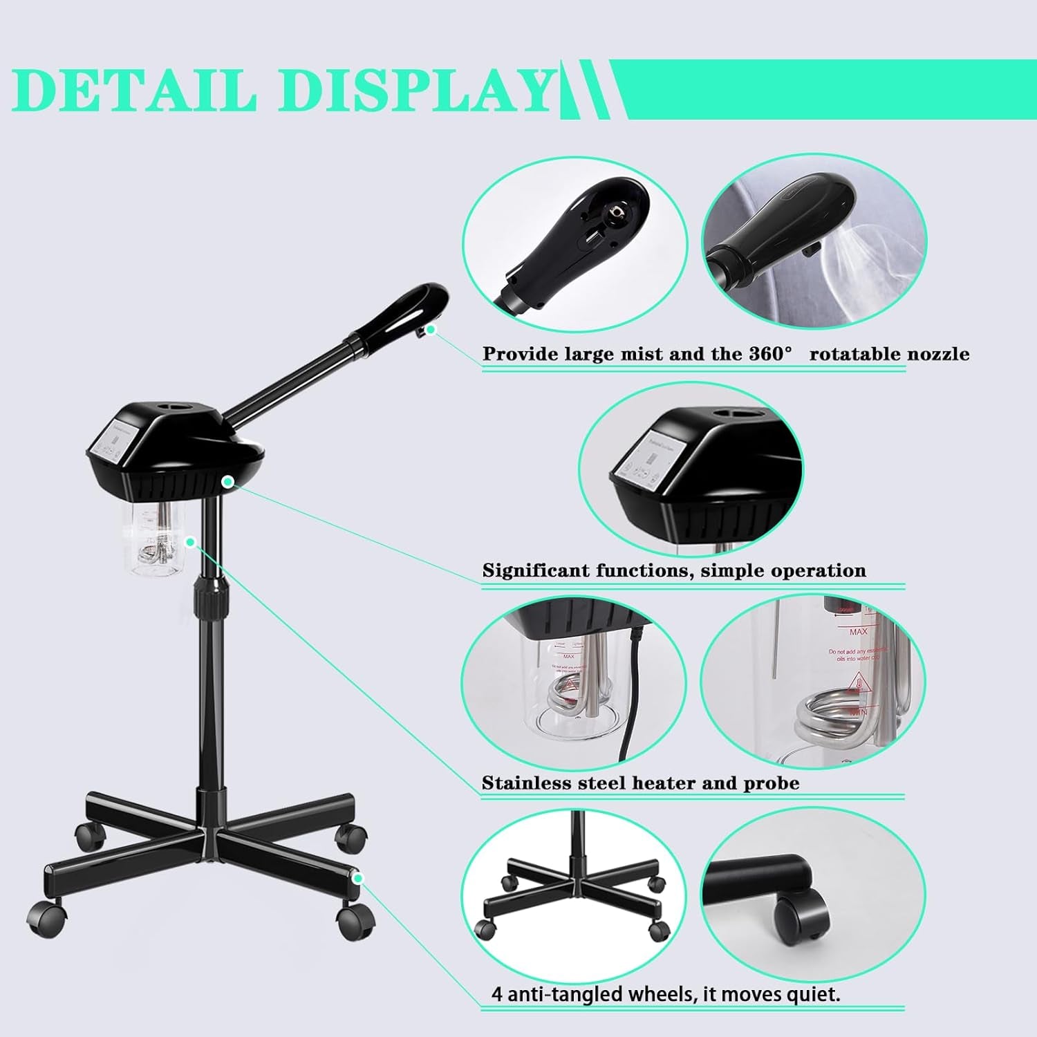 Professional Facial Steamer, Facial Steamer on Wheels with Timer Function, Ozone Face Steamer for Spa, Salon and at Home Use