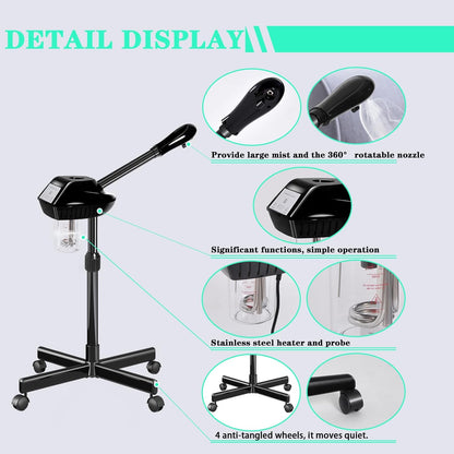 Professional Facial Steamer, Facial Steamer on Wheels with Timer Function, Ozone Face Steamer for Spa, Salon and at Home Use
