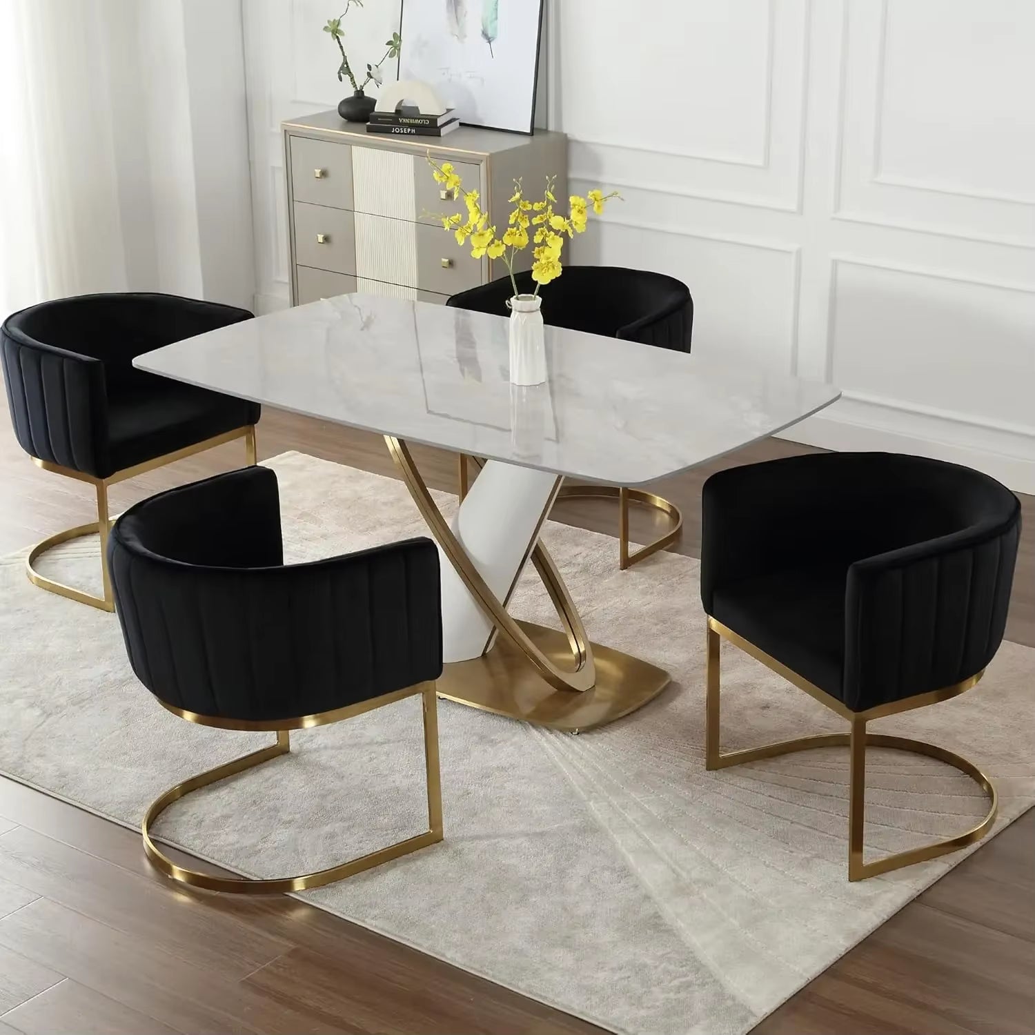 Dining Chairs Set of 4, Velvet with Metal Frame Comfy Upholstered Side Barrel Chairs, Kitchen Chairs Set