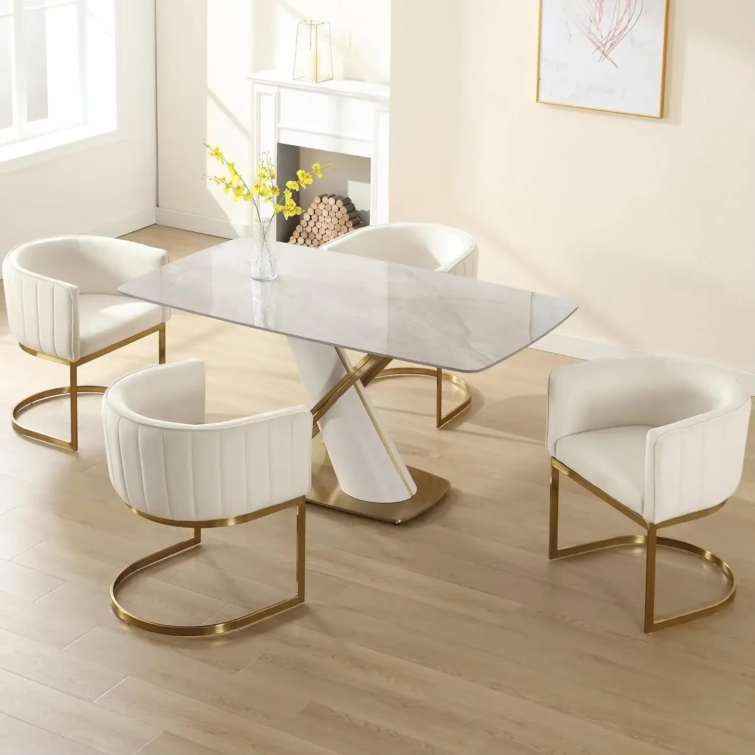 Dining Chairs Set of 4, Velvet with Metal Frame Comfy Upholstered Side Barrel Chairs, Kitchen Chairs Set