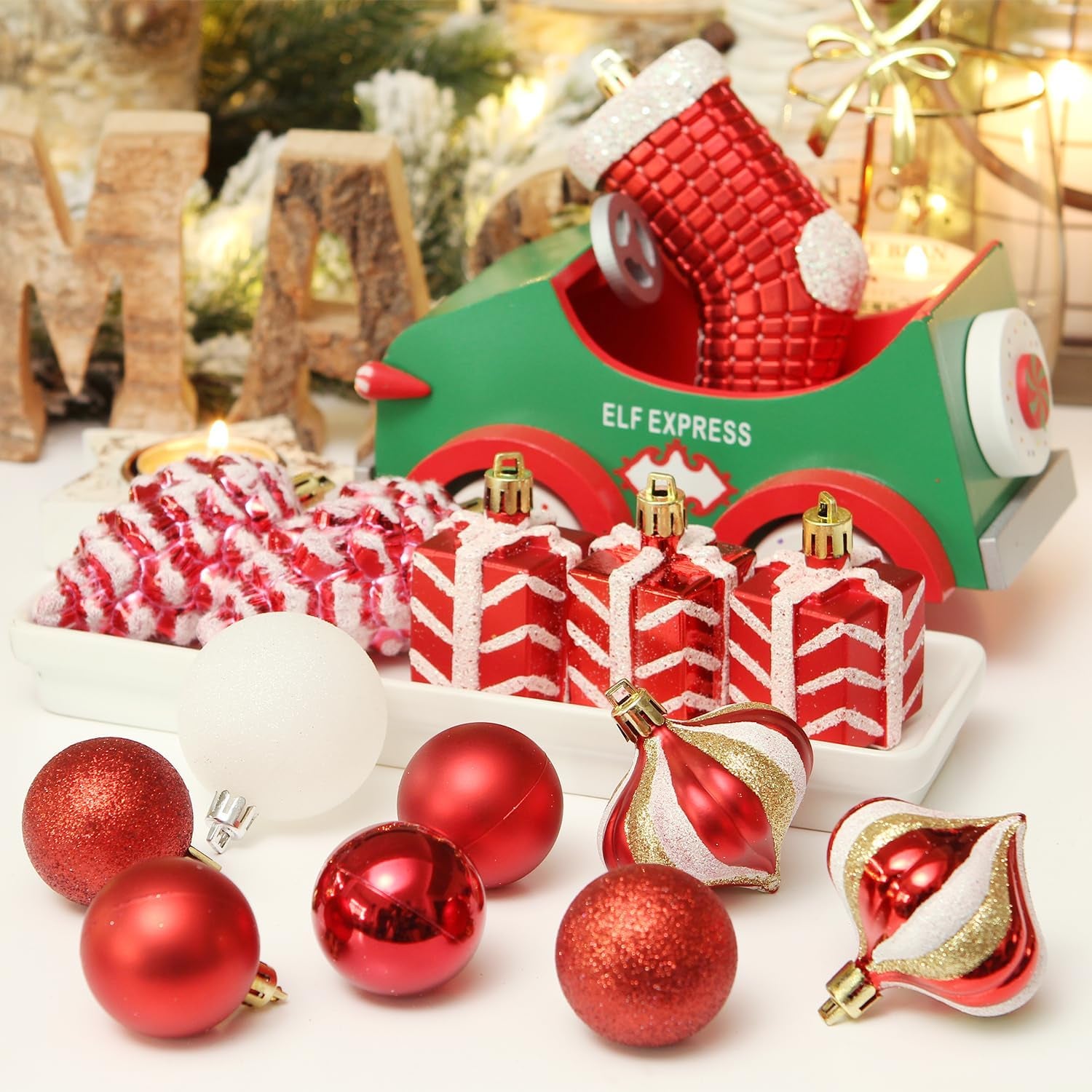 77-Pack Assorted Shatterproof Christmas Balls Christmas Ornaments Set Decorative Baubles Pendants with Reusable Hand-Held Gift Package for Xmas Tree (Red)