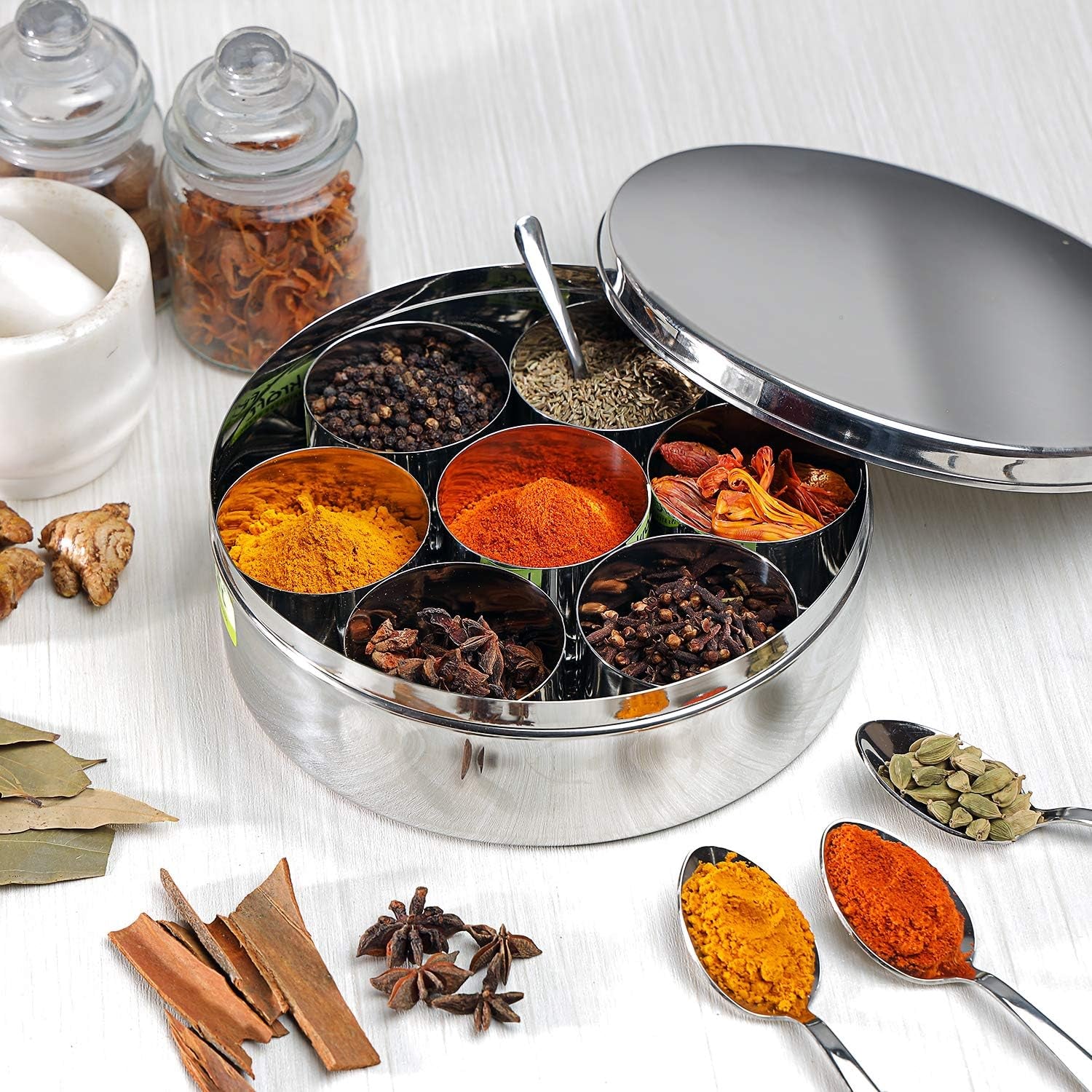 Stainless Steel Masala Dabba, Spice Box, 7 Compartments with Lid, 8 Inch Diameter