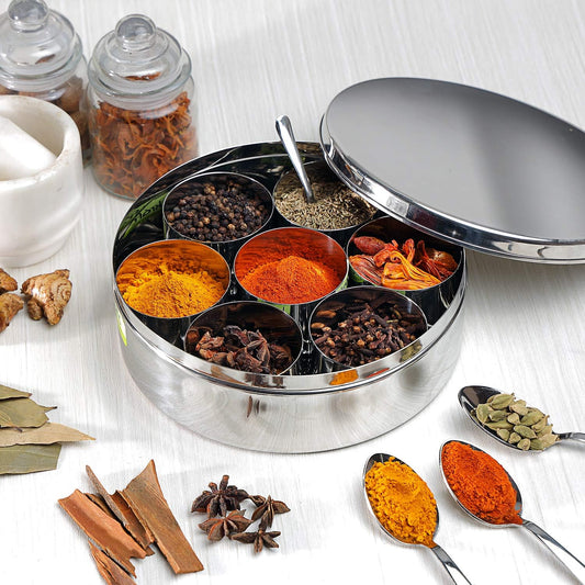 Stainless Steel Masala Dabba, Spice Box, 7 Compartments with Lid, 8 Inch Diameter