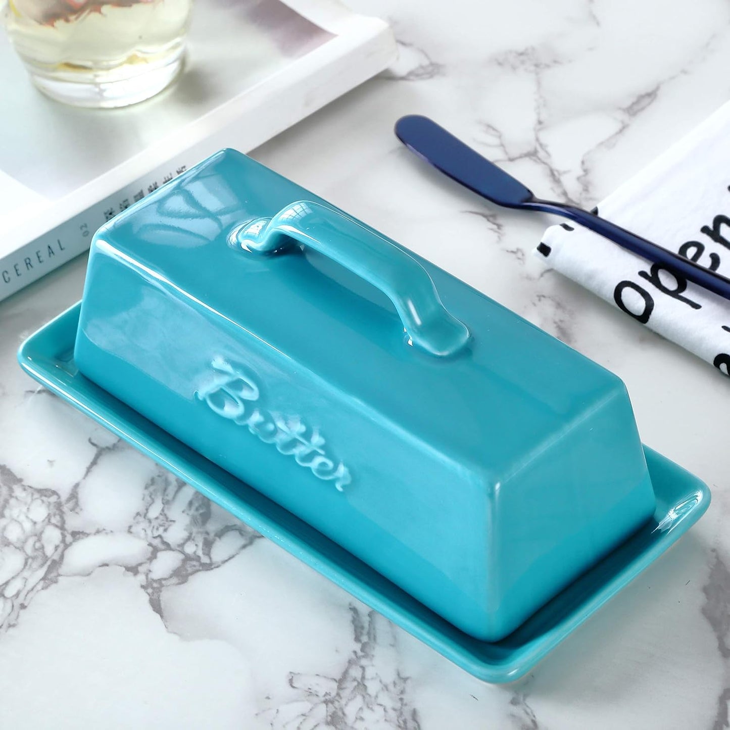 Bruntmor Porcelain Butter Keeper with Handle Cover, French Butter Dish Ceramic B