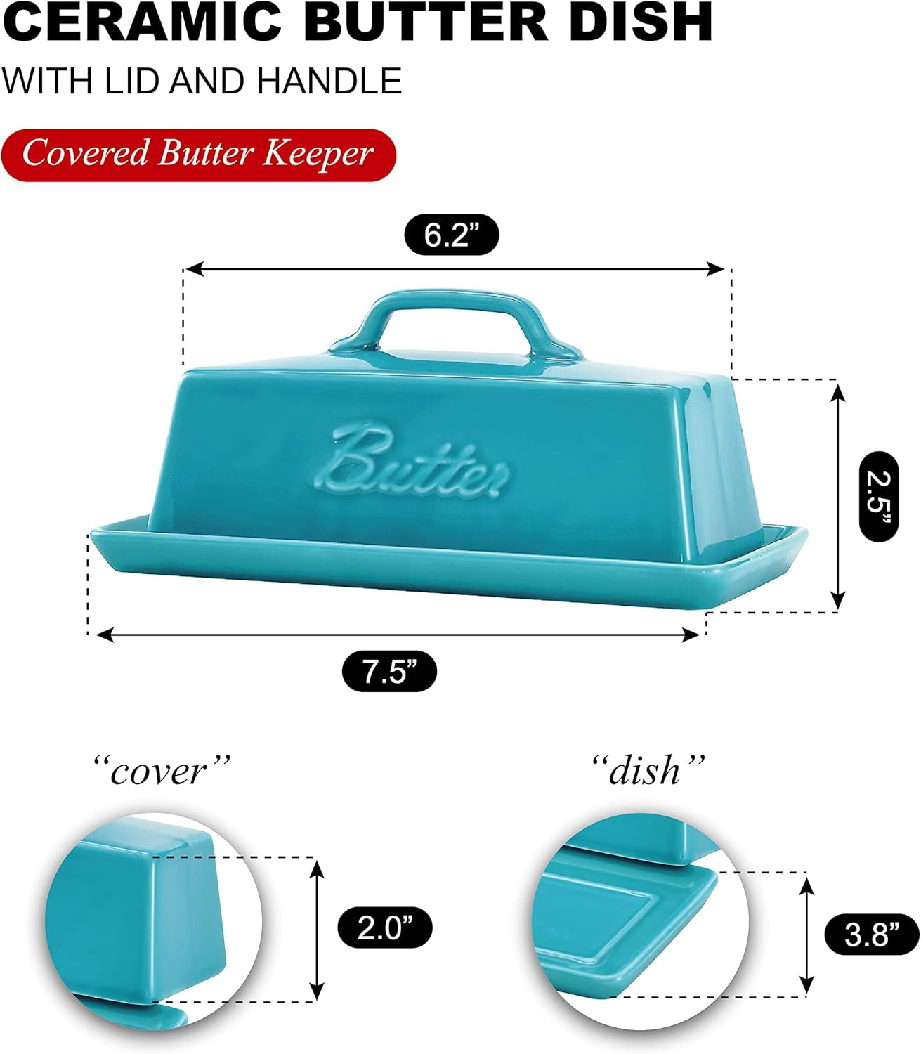 Bruntmor Porcelain Butter Keeper with Handle Cover, French Butter Dish Ceramic B