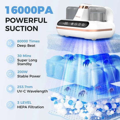 Mattress Vacuum Cleaner - 5-In-1 Cordless Bed Vacuum Cleaner, Powered by UV-C Light & Ultrasonic Technology, 16Kpa Strong Suction,Low Noise,Suitable for Dust, Pet Hair, Etc.