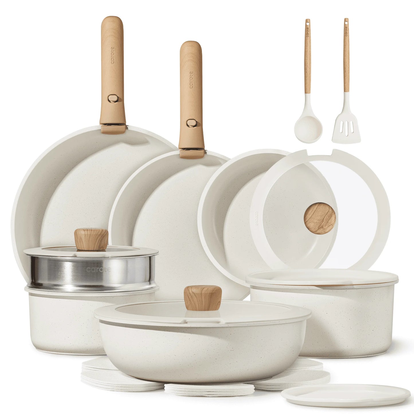 21 Pcs Nonstick Cookware Set, Pots and Pans Set with Detachable Handles, Oven/Dishwasher Safe, Stackable Kitchen Cooking Set, White Granite.