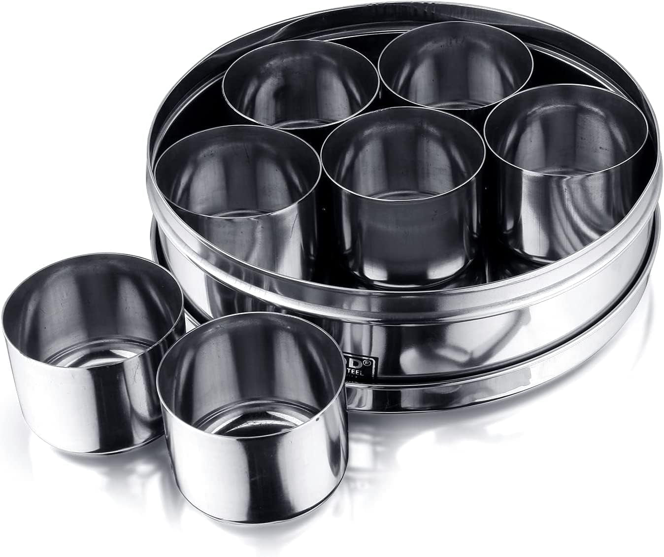 Stainless Steel Masala Dabba, Spice Box, 7 Compartments with Lid, 8 Inch Diameter