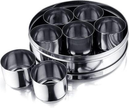 Stainless Steel Masala Dabba, Spice Box, 7 Compartments with Lid, 8 Inch Diameter