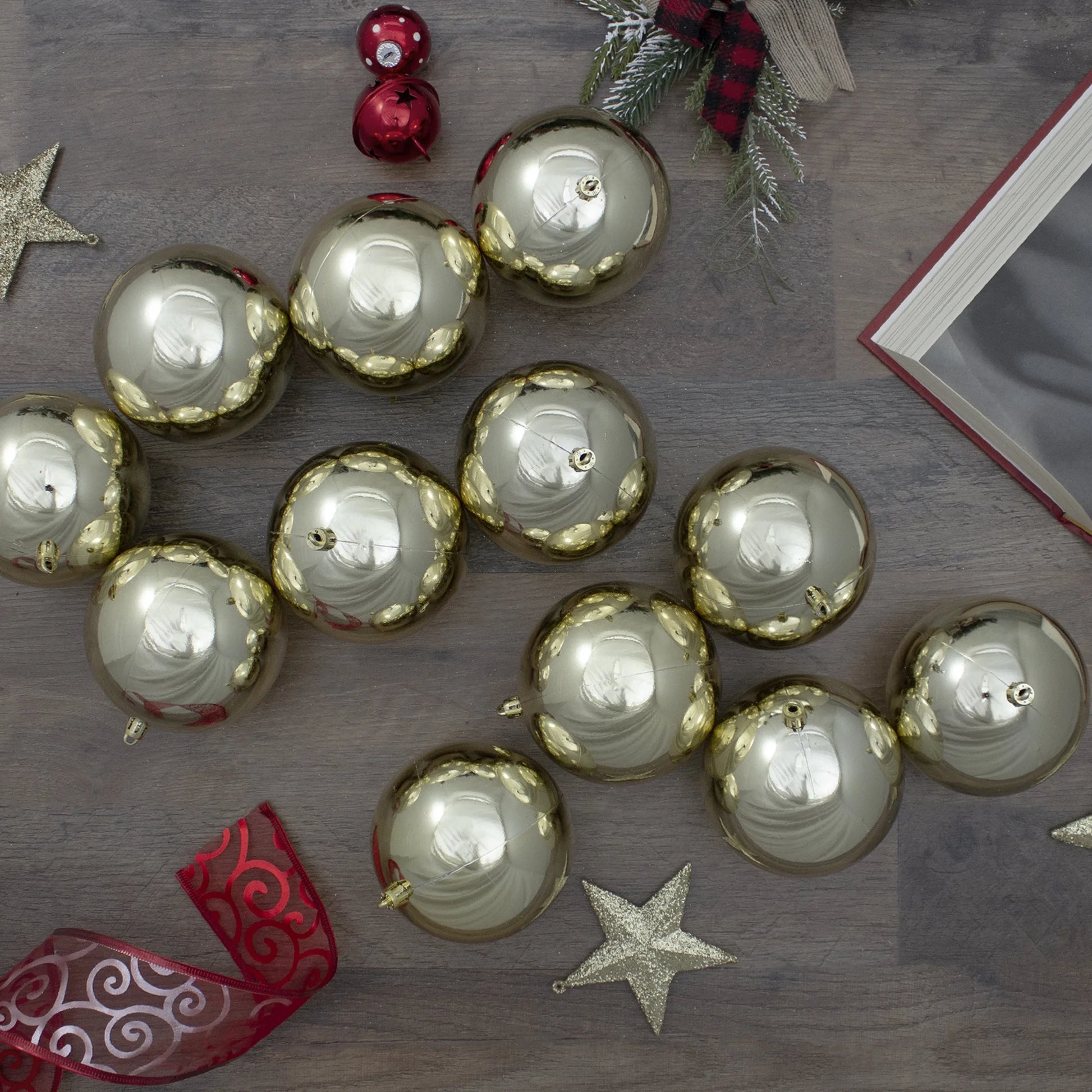 12Ct Champagne Gold Shatterproof Shiny Christmas Ball Ornaments 4" (100Mm)
