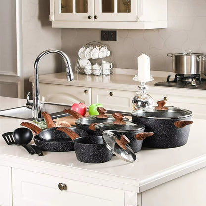 12 Pieces Kitchen Pots & Pans Set Nonstick Cookware Set Granite Coated W/ Lid