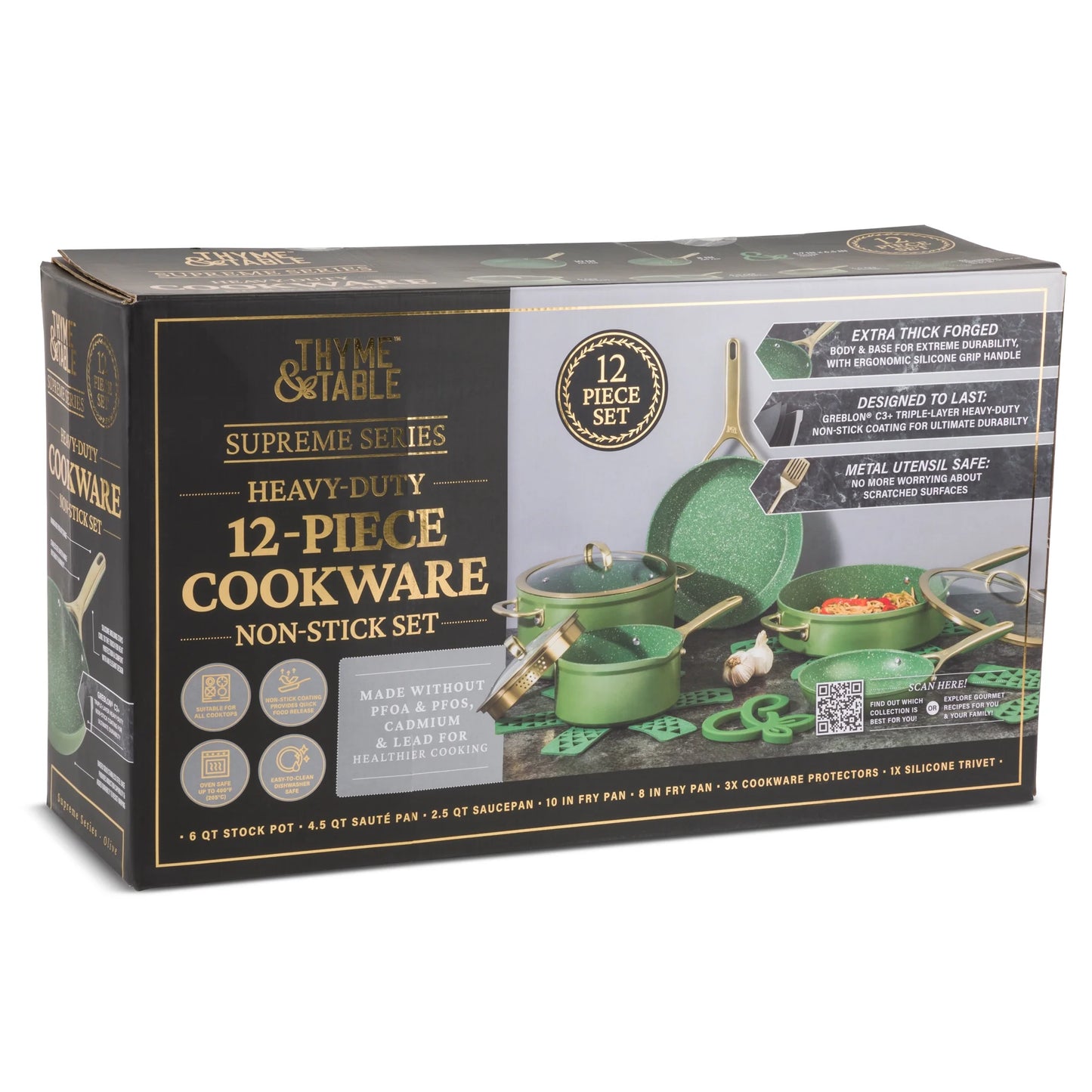 12-Piece Non-Stick Supreme Cookware Set, Pots and Pans Set - Olive