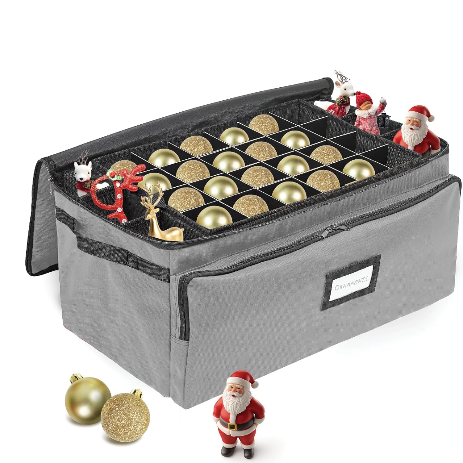 Premium Christmas Ornament Storage Box – Holds up to 72-3” Ornaments + 8 Side Slots for Figurines & Nutcrackers – Holiday Decoration Organizer – Durable 600D Grey Canvas