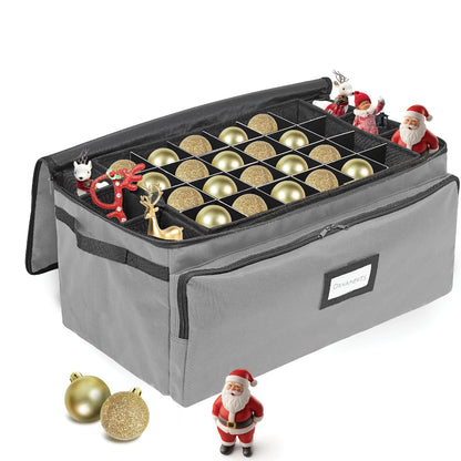 Premium Christmas Ornament Storage Box – Holds up to 72-3” Ornaments + 8 Side Slots for Figurines & Nutcrackers – Holiday Decoration Organizer – Durable 600D Grey Canvas
